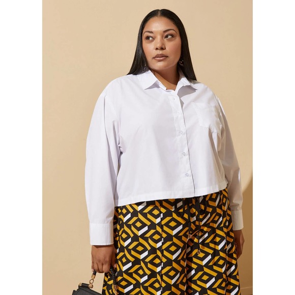 NWT Ashley Stewart White Cropped Cotton Blend Career Shirt Plus Size: 14/16 (1X) - Picture 3 of 4